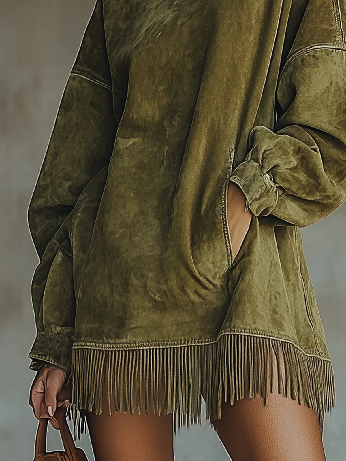 Suede Dress with High Neck and Fringes — view 5
