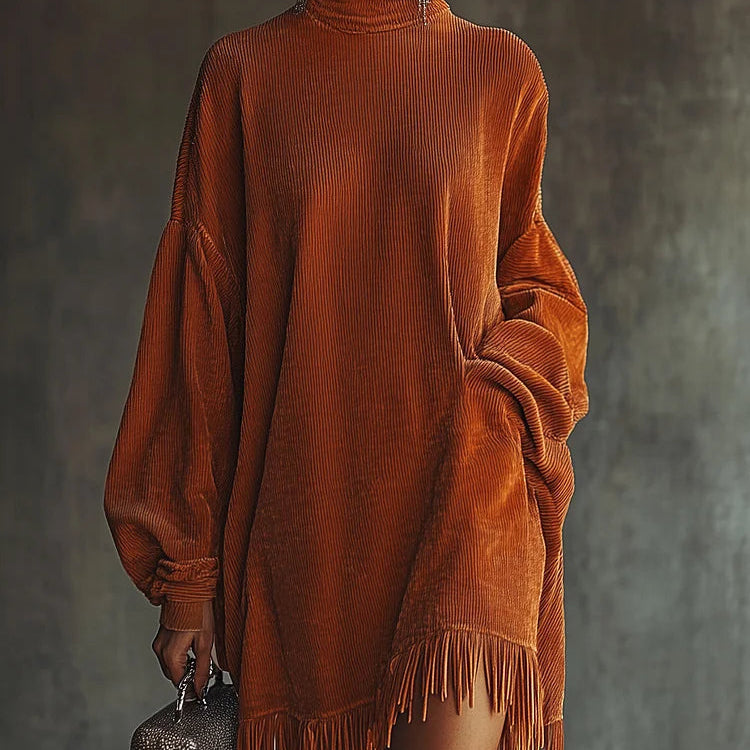 Orange Velvet Dress with High Collar and Frayed Hem