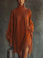 Orange Velvet Dress with High Collar and Frayed Hem