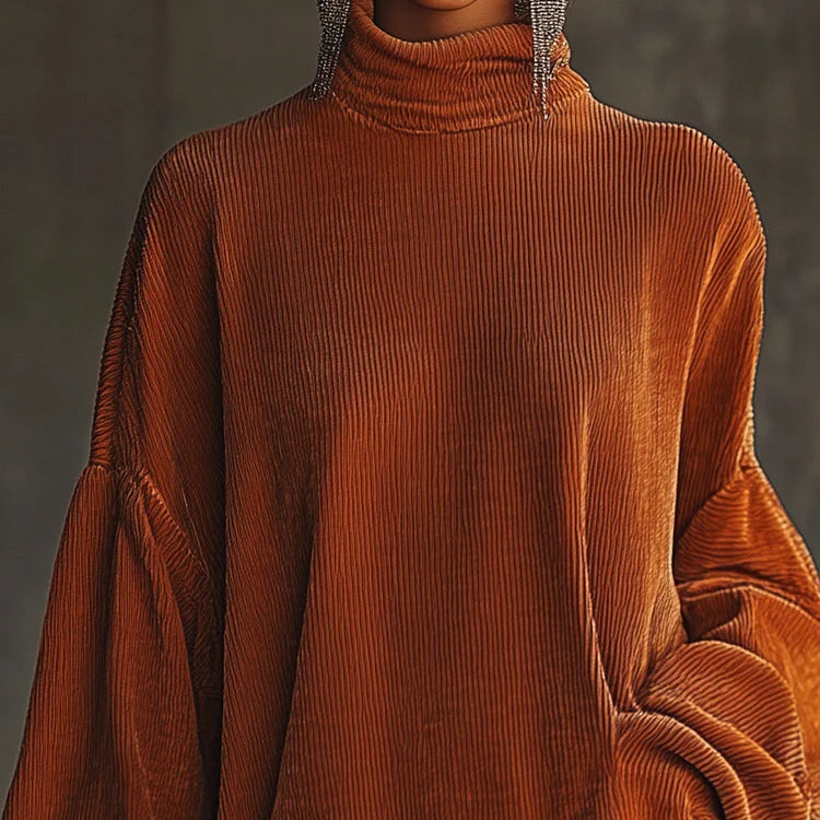 Orange Velvet Dress with High Collar and Frayed Hem — view 2