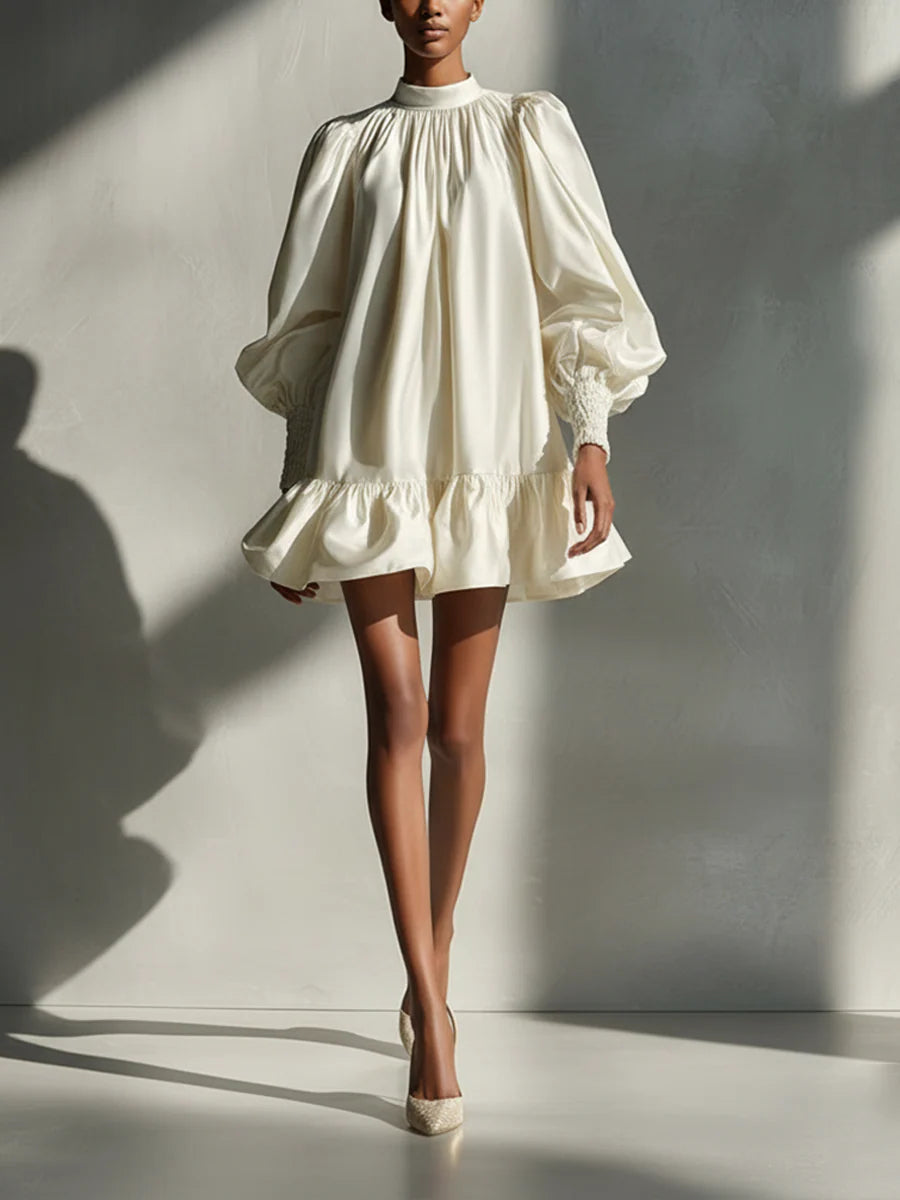Beige Satin Mini Dress with Puffed Sleeves and Ruffles