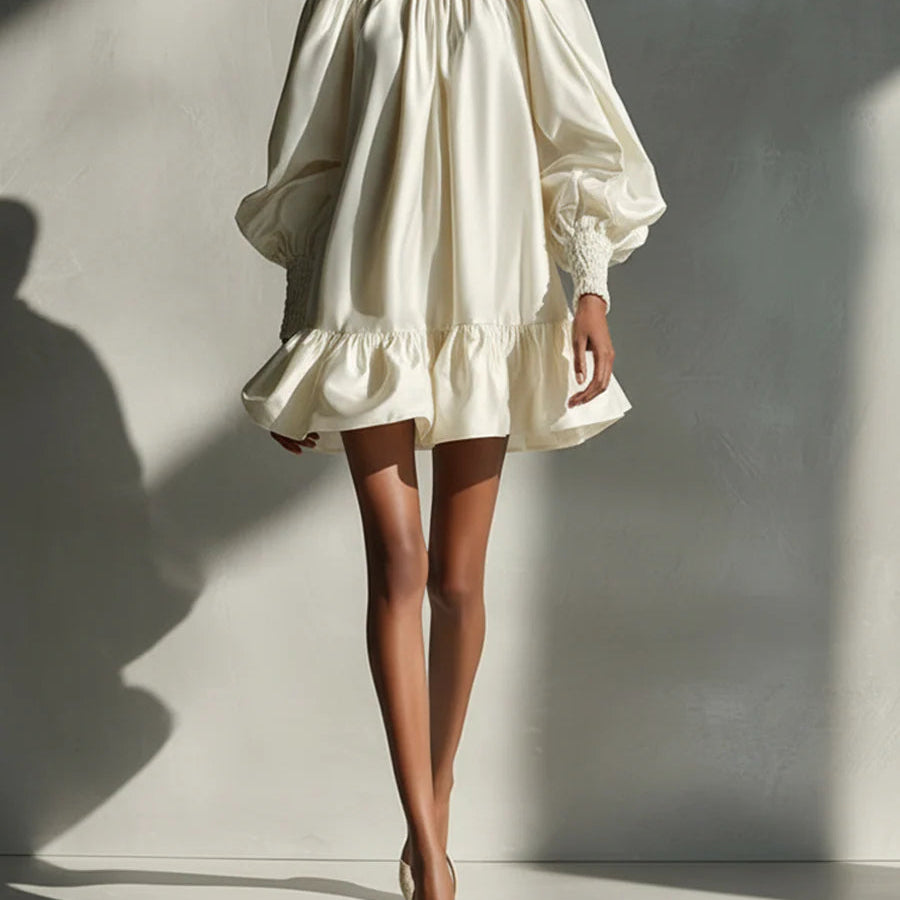 Beige Satin Mini Dress with Puffed Sleeves and Ruffles