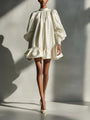 Beige Satin Mini Dress with Puffed Sleeves and Ruffles