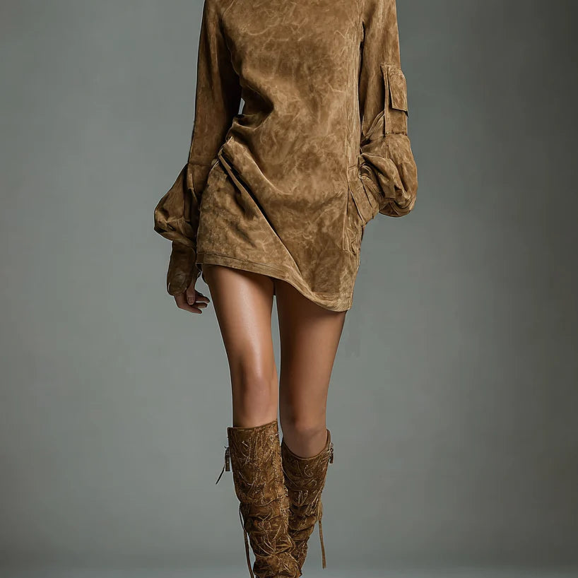Retro Suede Mini Dress with Turtleneck