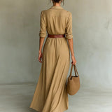 Women Ruched Maxi Shirt Dress Belted Long Sleeve Button Front
