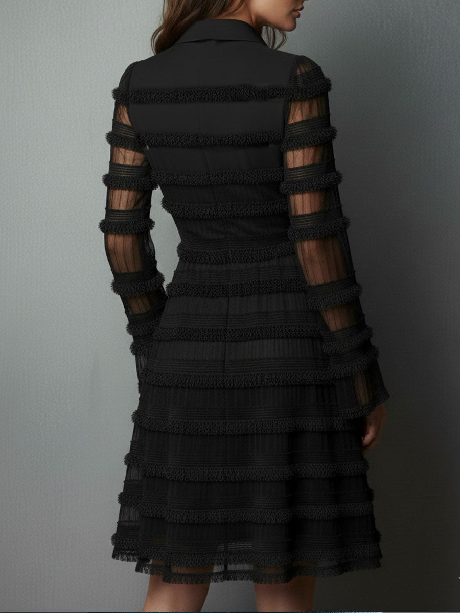 Black Mini Dress with Fringing and Sheer Layers — view 5