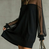 Black Mesh Mini Dress with Sheer Sleeves and High Neck