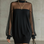 Black Mesh Mini Dress with Sheer Sleeves and High Neck — view 3