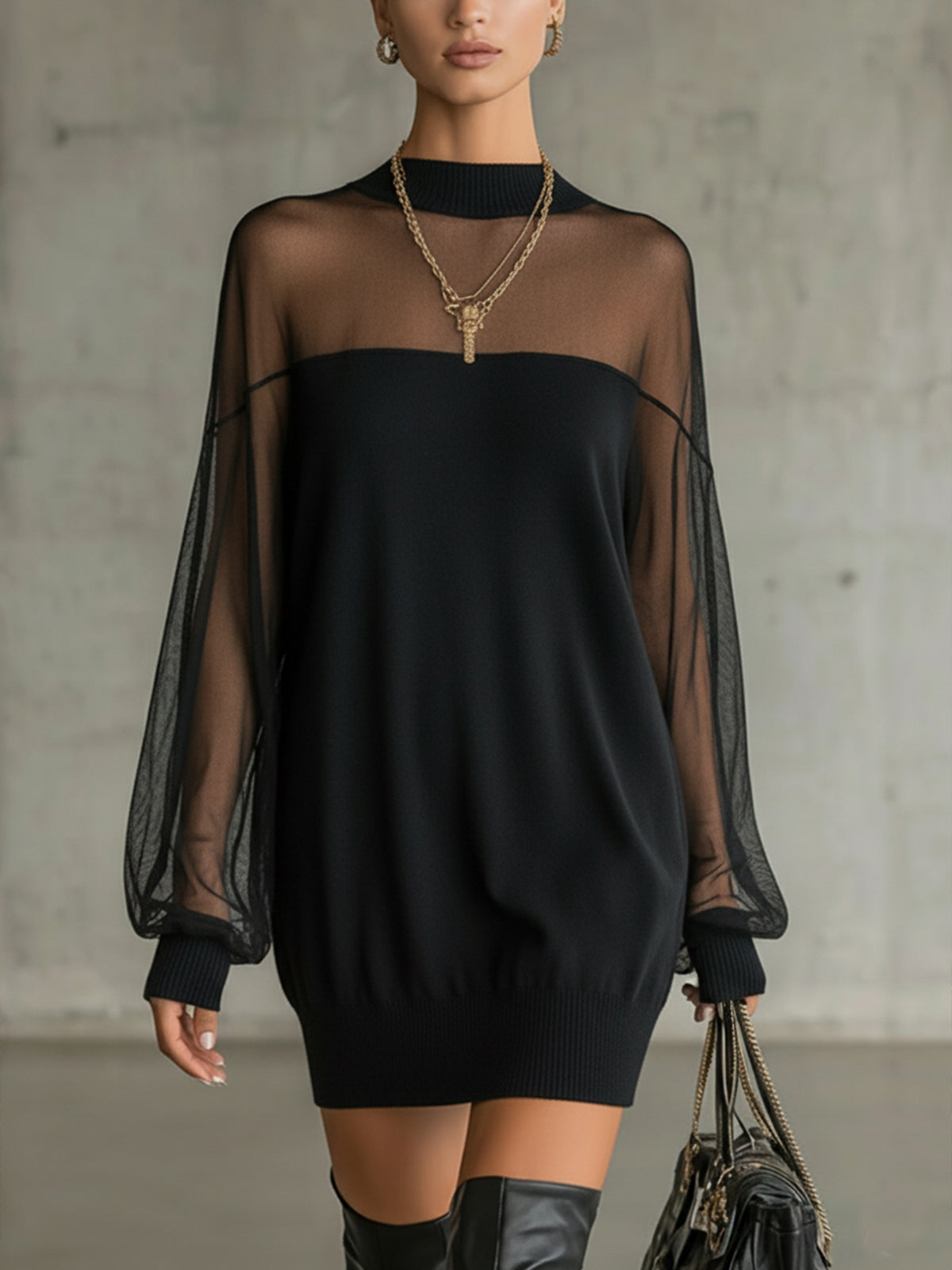 Black Mesh Mini Dress with Sheer Sleeves and High Neck — view 3