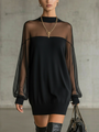 Black Mesh Mini Dress with Sheer Sleeves and High Neck — view 3