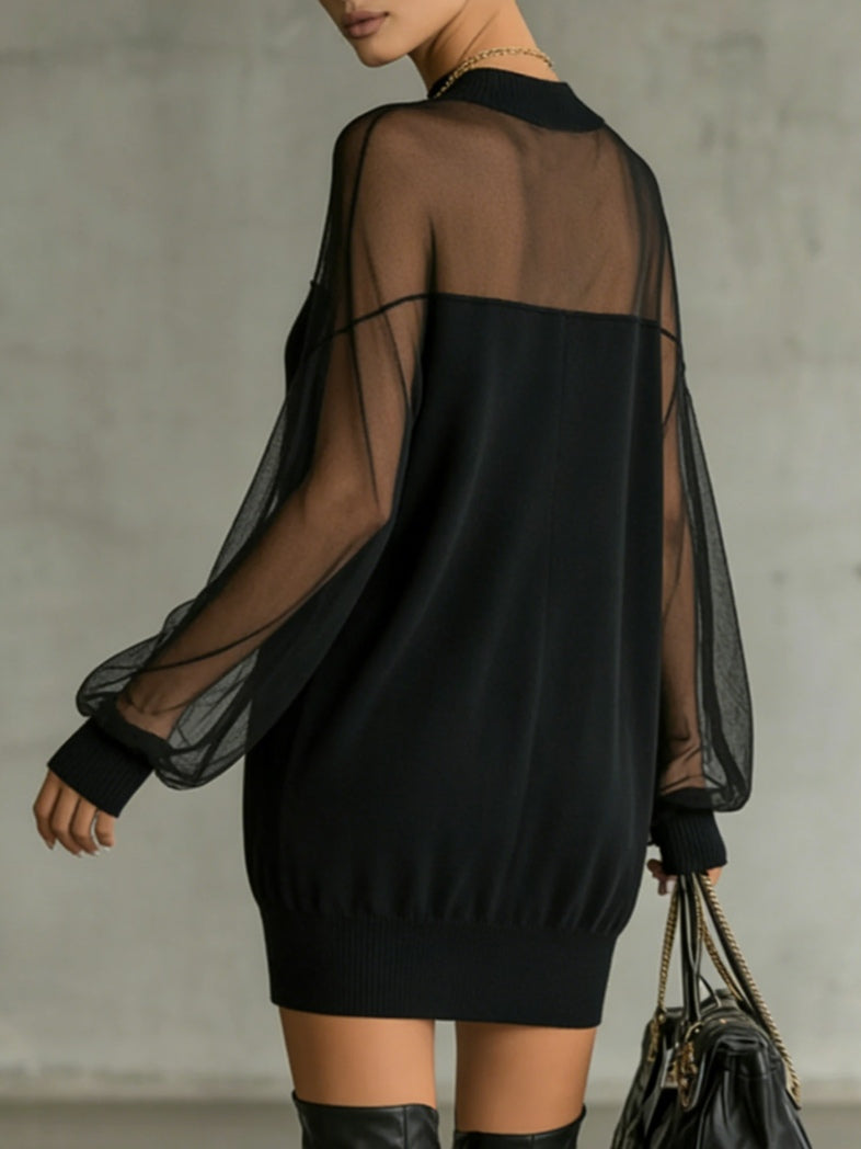 Black Mesh Mini Dress with Sheer Sleeves and High Neck — view 2