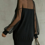 Black Mesh Mini Dress with Sheer Sleeves and High Neck — view 2