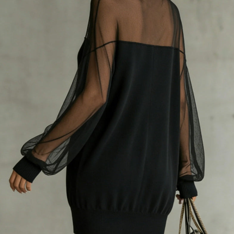 Black Mesh Mini Dress with Sheer Sleeves and High Neck — view 2