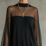 Black Mesh Mini Dress with Sheer Sleeves and High Neck — view 4