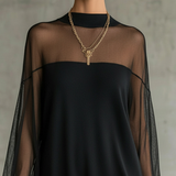 Black Mesh Mini Dress with Sheer Sleeves and High Neck — view 4