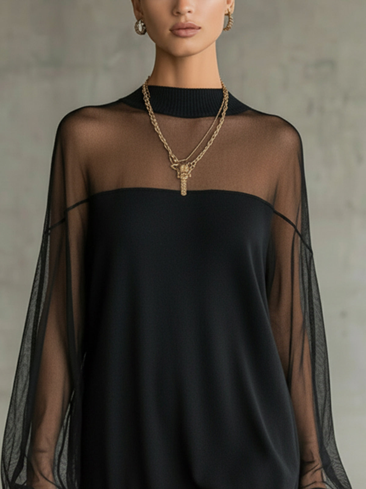 Black Mesh Mini Dress with Sheer Sleeves and High Neck — view 4
