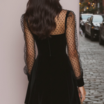 Black Velvet Mini Dress with Sheer Polka Dot Sleeves — view 2