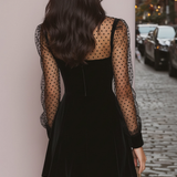 Black Velvet Mini Dress with Sheer Polka Dot Sleeves — view 2