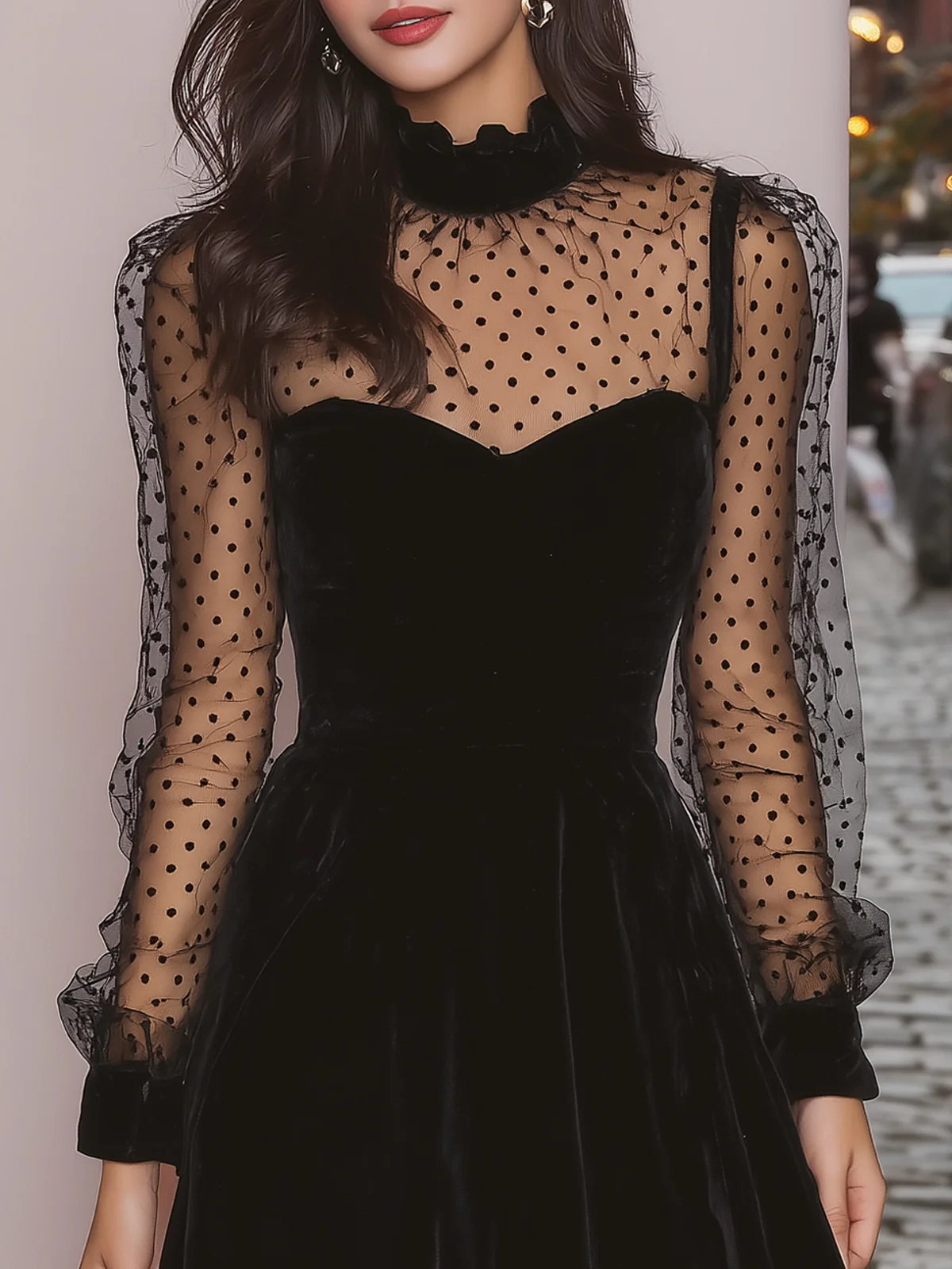 Black Velvet Mini Dress with Sheer Polka Dot Sleeves — view 3