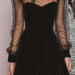 Black Velvet Mini Dress with Sheer Polka Dot Sleeves — view 4