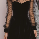 Black Velvet Mini Dress with Sheer Polka Dot Sleeves — view 4
