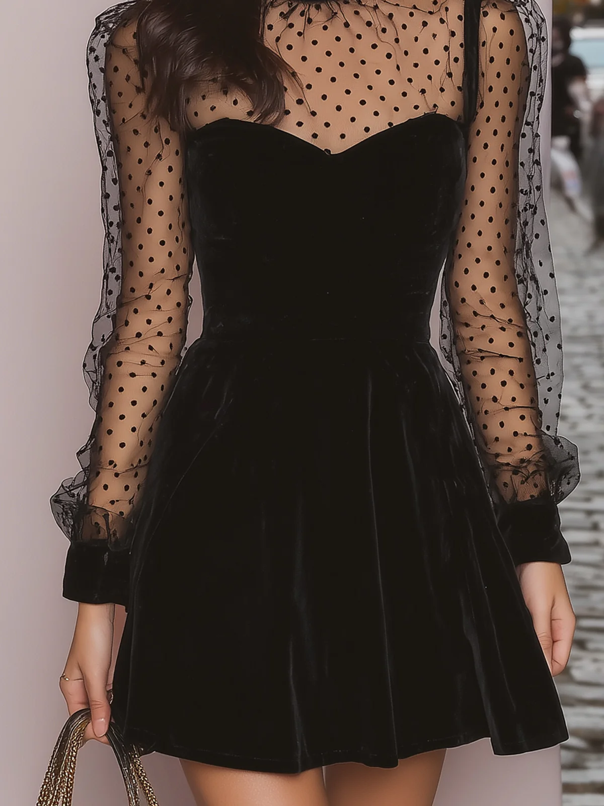 Black Velvet Mini Dress with Sheer Polka Dot Sleeves — view 4