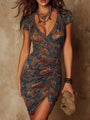Fitted Pleated Mini Dress with Dark Blue Paisley Print