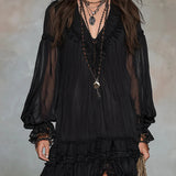 Black Chiffon Mini Dress with V-Neck and Lantern Sleeves