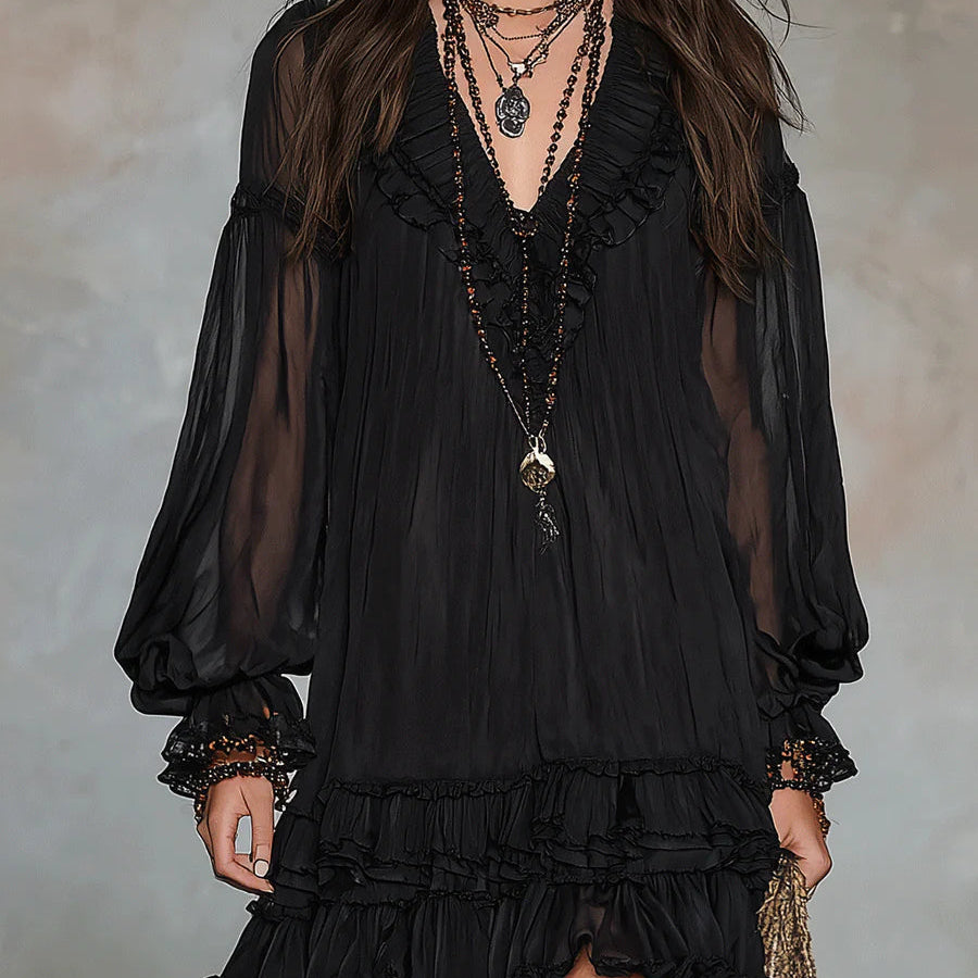 Black Chiffon Mini Dress with V-Neck and Lantern Sleeves