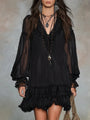 Black Chiffon Mini Dress with V-Neck and Lantern Sleeves