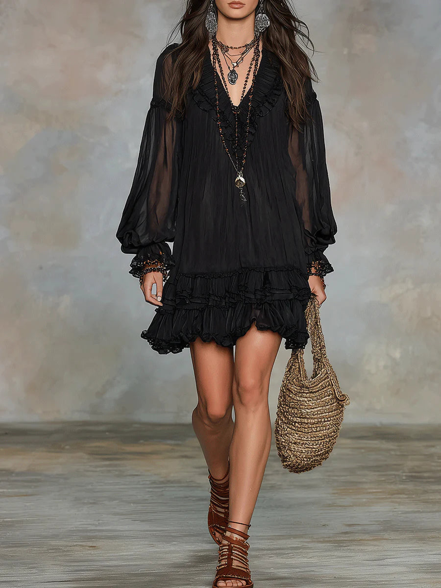 Black Chiffon Mini Dress with V-Neck and Lantern Sleeves — view 4