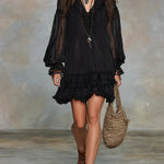 Black Chiffon Mini Dress with V-Neck and Lantern Sleeves — view 4