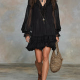 Black Chiffon Mini Dress with V-Neck and Lantern Sleeves — view 4