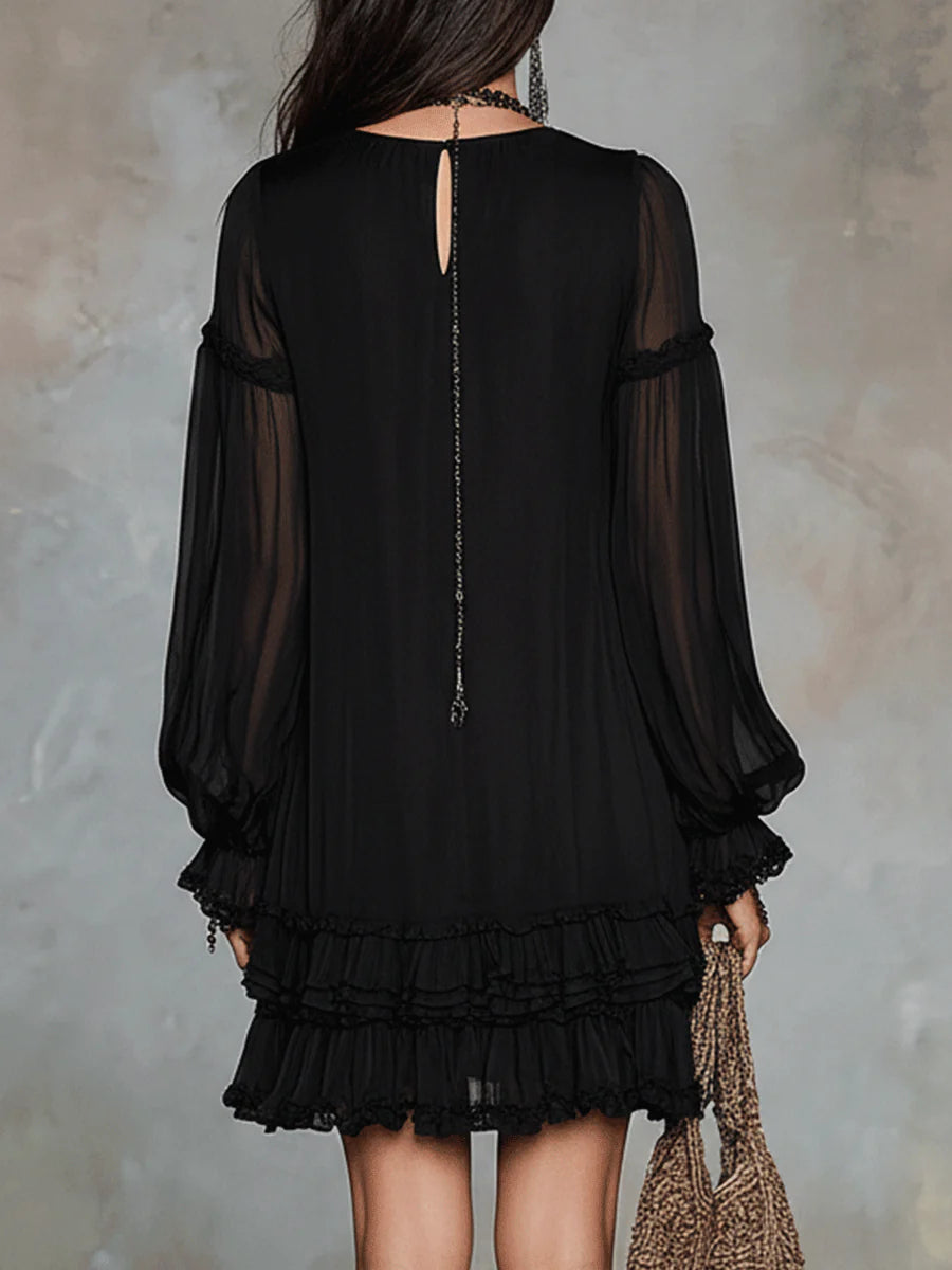 Black Chiffon Mini Dress with V-Neck and Lantern Sleeves — view 2