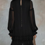 Black Chiffon Mini Dress with V-Neck and Lantern Sleeves — view 2