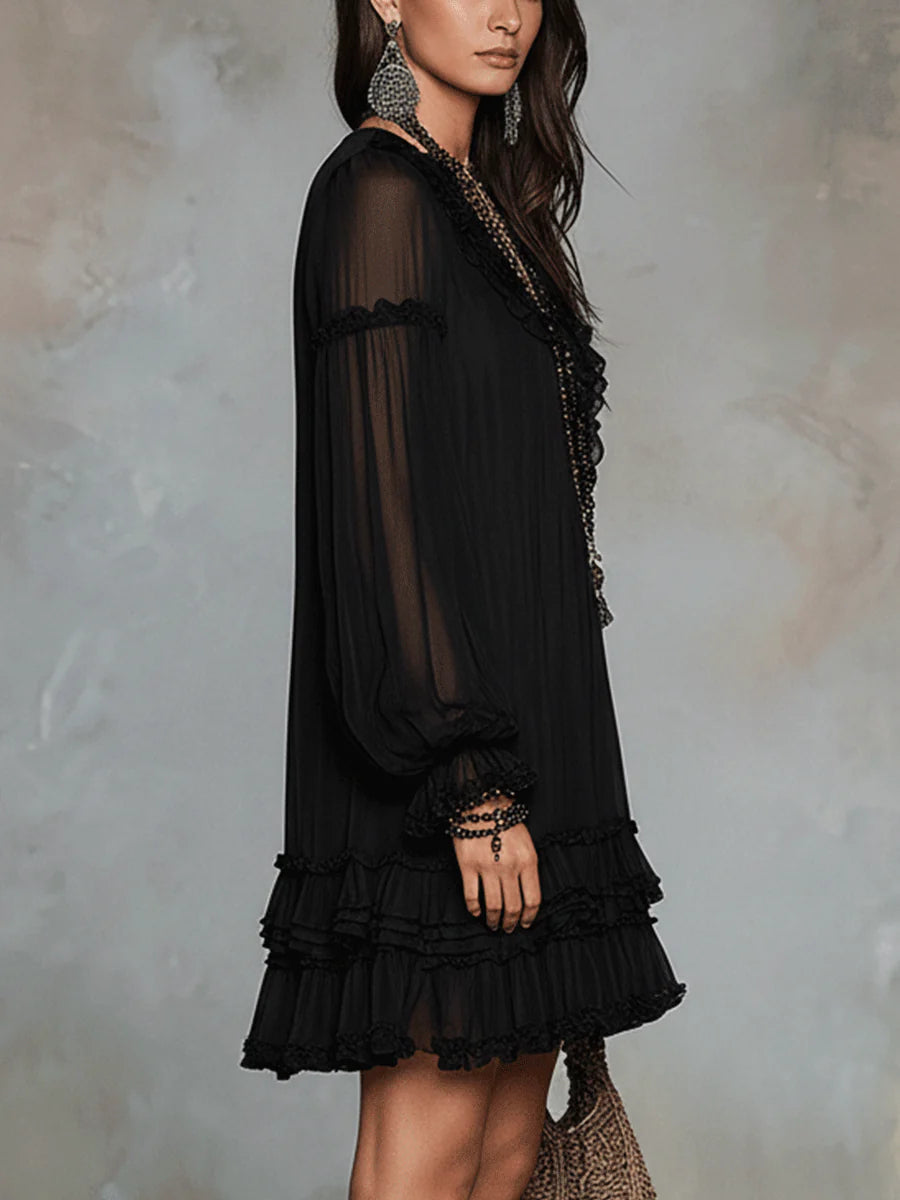 Black Chiffon Mini Dress with V-Neck and Lantern Sleeves — view 3
