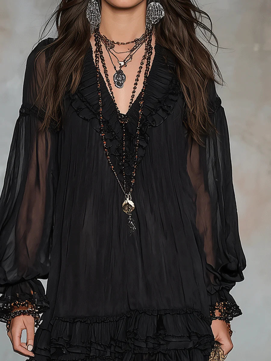 Black Chiffon Mini Dress with V-Neck and Lantern Sleeves — view 5