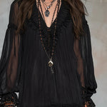 Black Chiffon Mini Dress with V-Neck and Lantern Sleeves — view 5