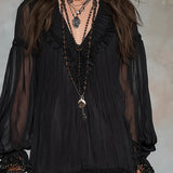 Black Chiffon Mini Dress with V-Neck and Lantern Sleeves — view 5