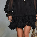 Black Chiffon Mini Dress with V-Neck and Lantern Sleeves — view 6