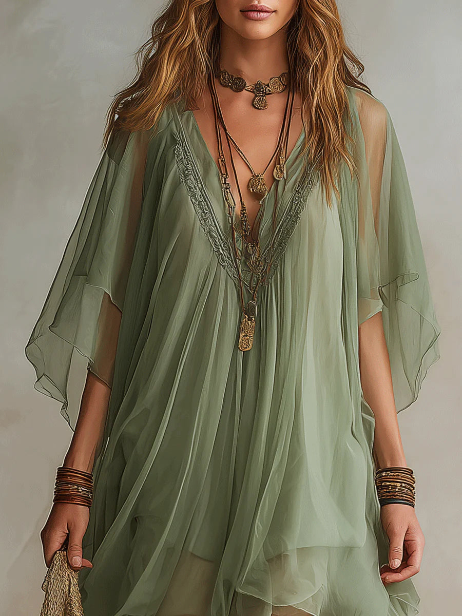 Green Chiffon Mini Dress with V-Neck — view 10