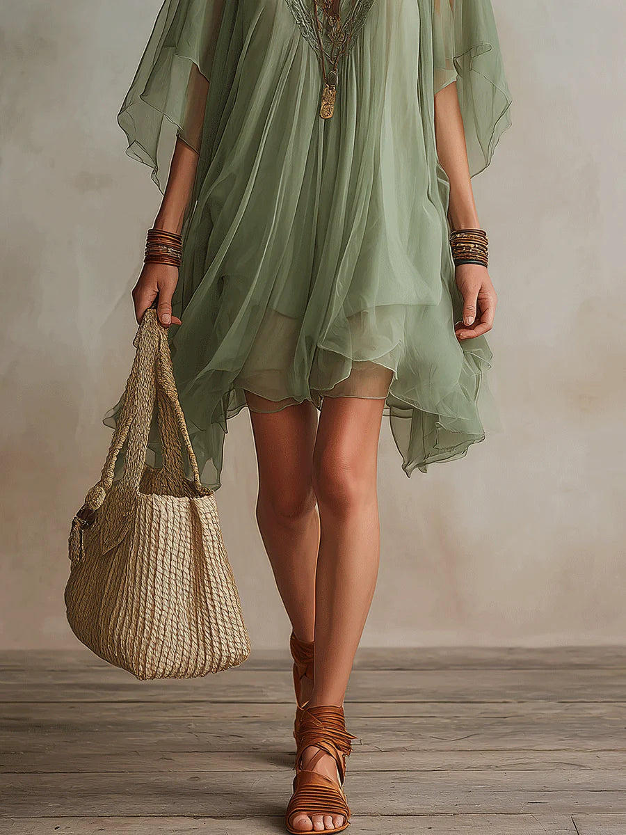 Green Chiffon Mini Dress with V-Neck — view 11