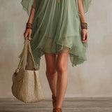 Green Chiffon Mini Dress with V-Neck — view 11