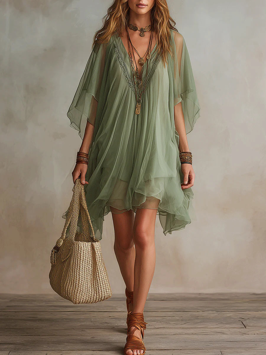 Green Chiffon Mini Dress with V-Neck