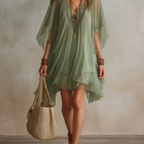 Green Chiffon Mini Dress with V-Neck