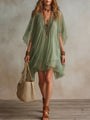 Green Chiffon Mini Dress with V-Neck