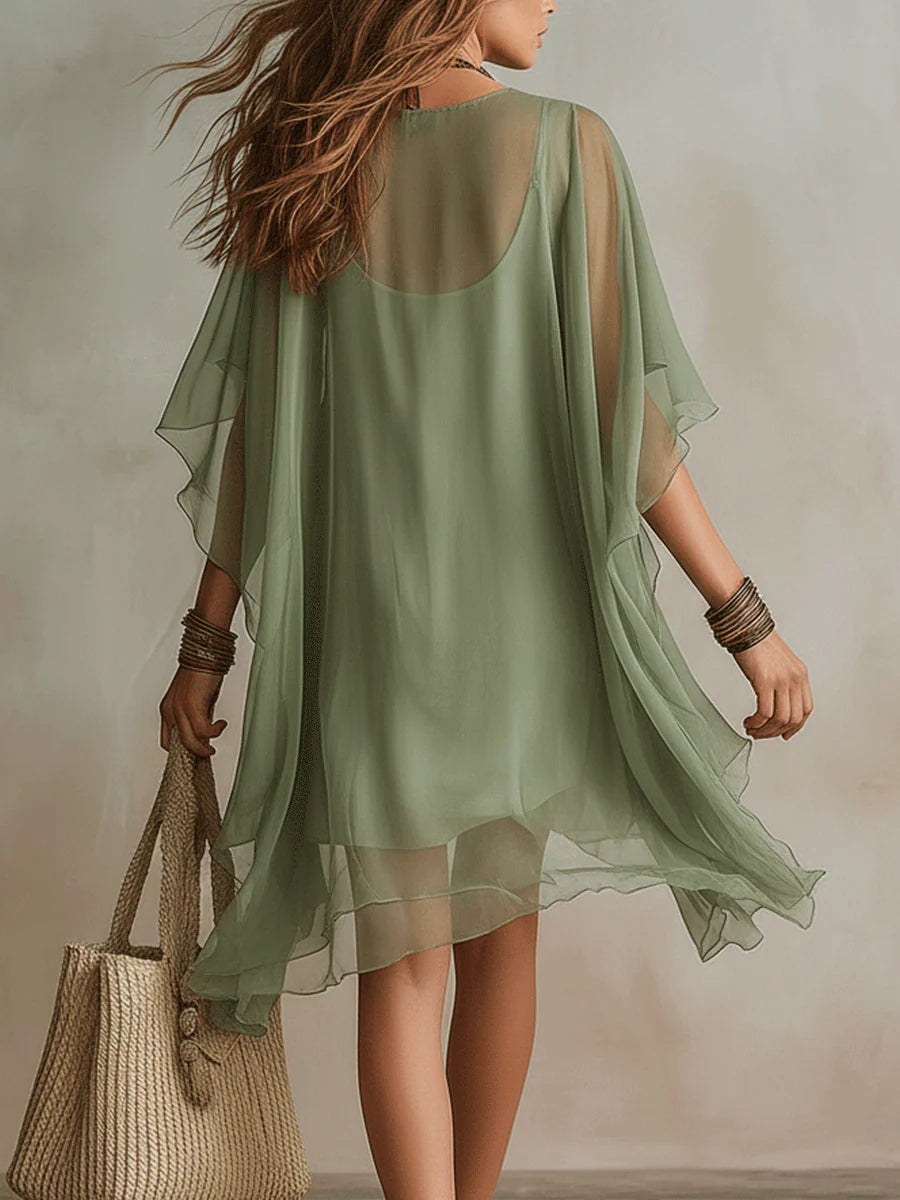 Green Chiffon Mini Dress with V-Neck — view 8