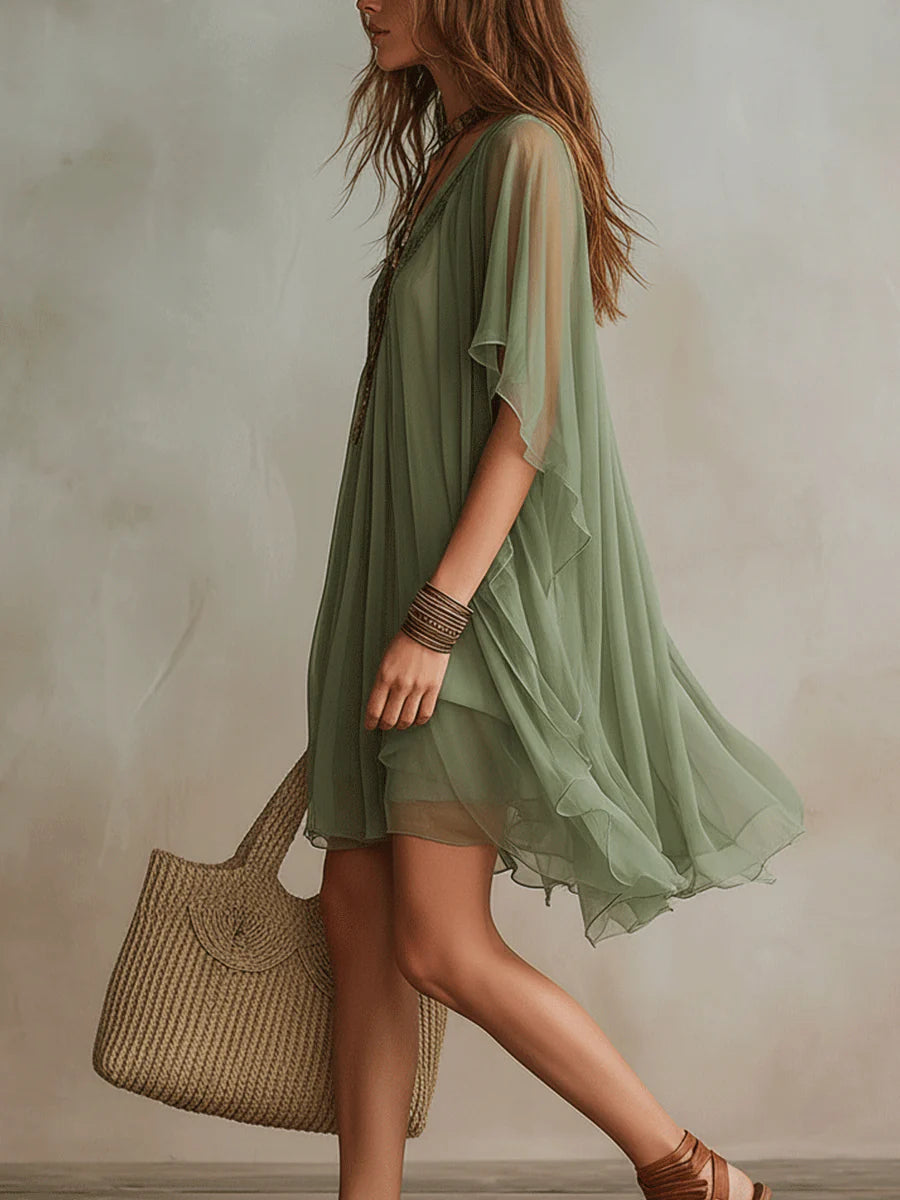 Green Chiffon Mini Dress with V-Neck — view 7