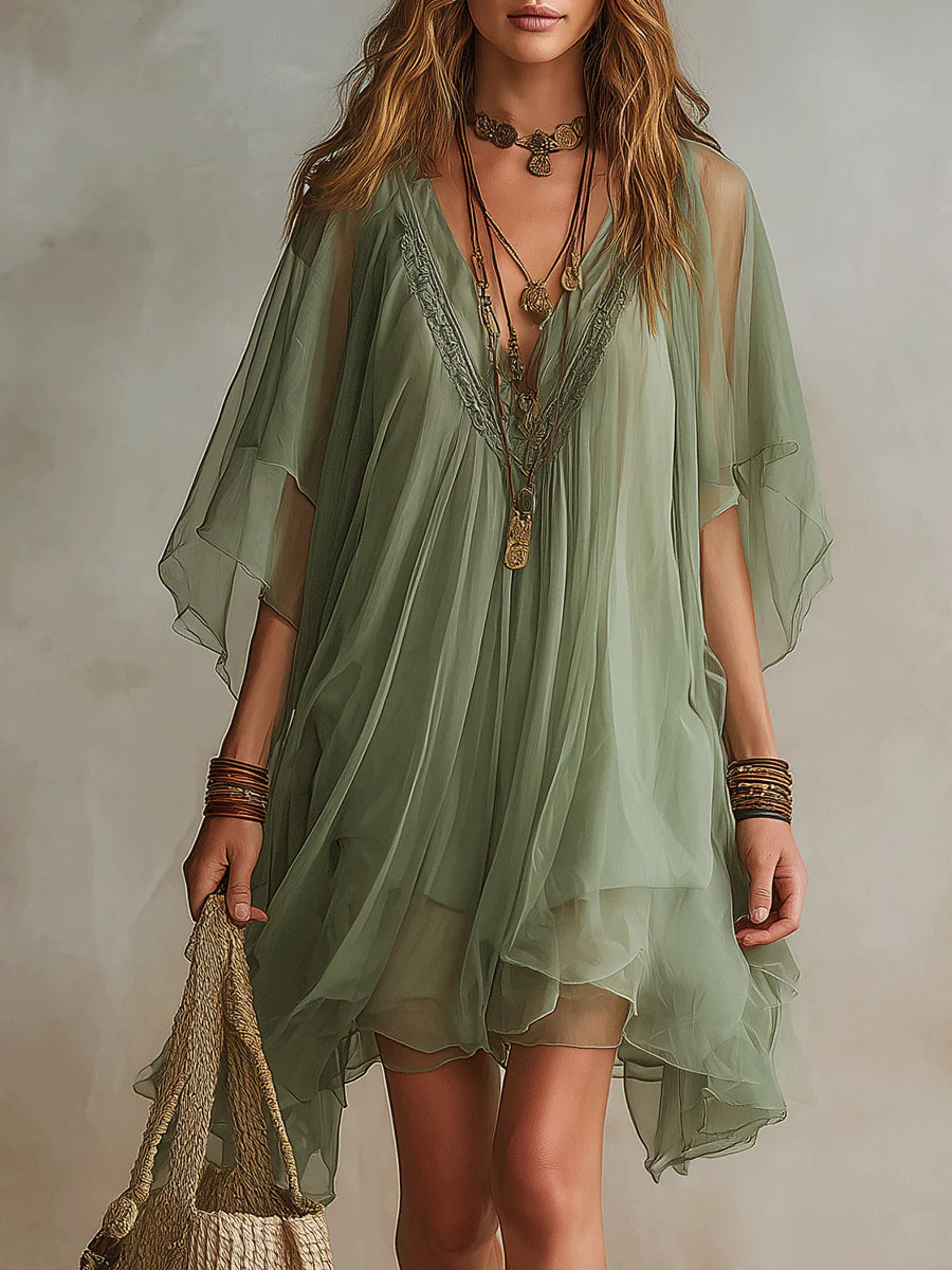 Green Chiffon Mini Dress with V-Neck — view 9