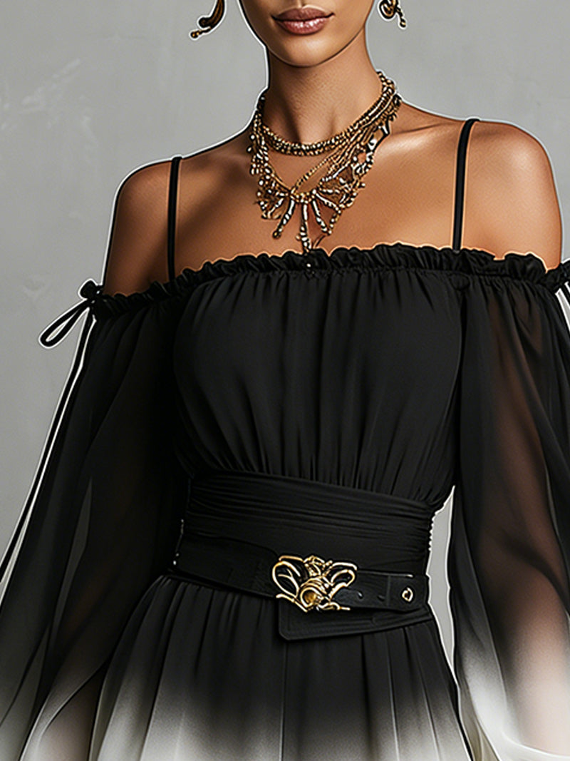 Chiffon Jumpsuit with Black and White Degradé Effect, Off-the-Shoulder Neckline and Belt — view 4